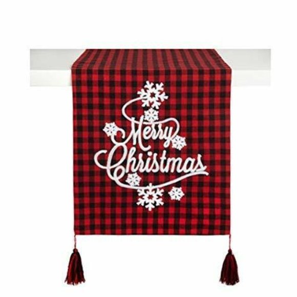 Merry Christmas Table Runner Red Black Plaid Buffalo Check Farmhouse 13 x 72 New - Picture 1 of 2